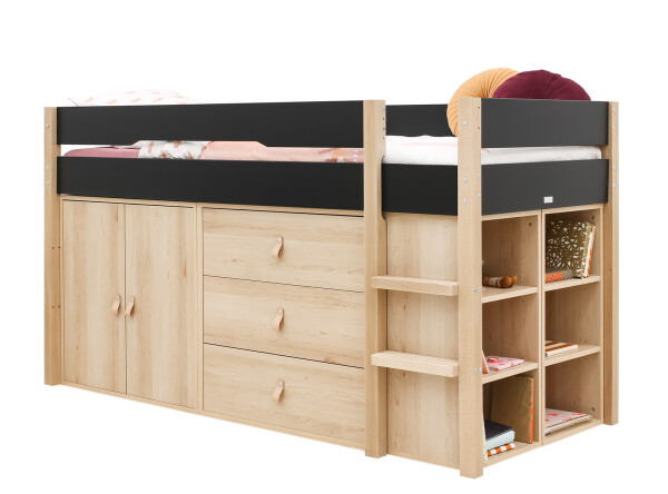 Half high sleeper 90x200 with storage cabinets Lucas Matt Black/Natural