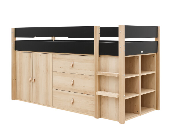 Half high sleeper 90x200 with storage cabinets Lucas Matt Black/Natural