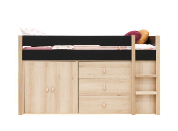 Half high sleeper 90x200 with storage cabinets Lucas Matt Black/Natural