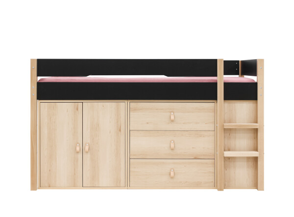 Half high sleeper 90x200 with storage cabinets Lucas Matt Black/Natural