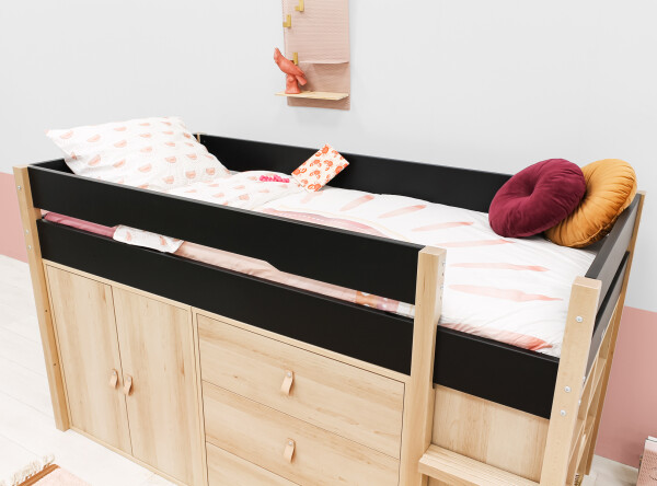 Half high sleeper 90x200 with storage cabinets Lucas Matt Black/Natural