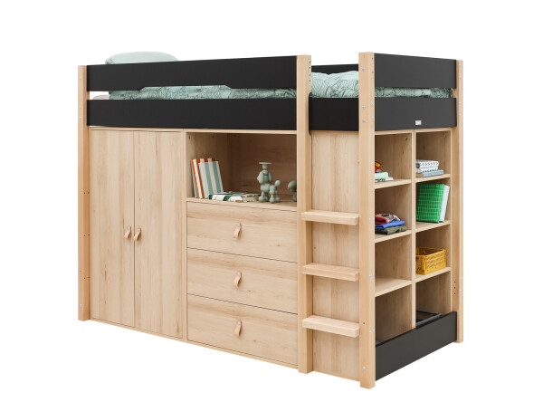 Cama alta 90x200 con armarios Lucas Negro Mate/Natural