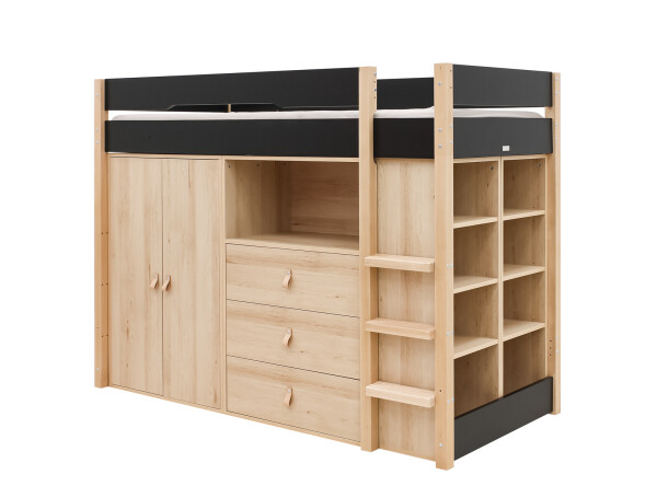 Cama alta 90x200 con armarios Lucas Negro Mate/Natural