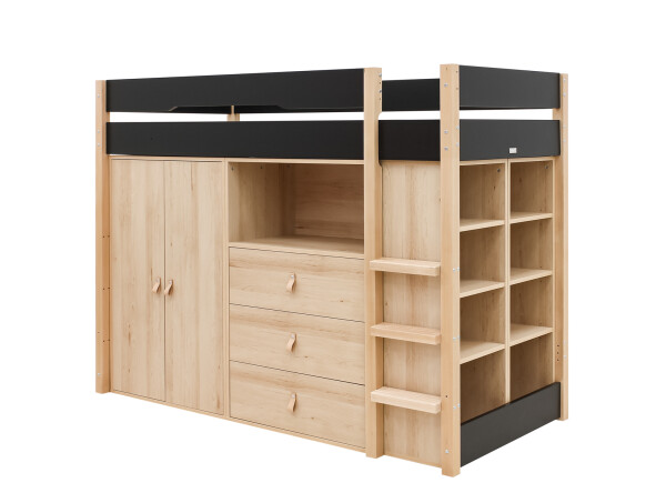 Cama alta 90x200 con armarios Lucas Negro Mate/Natural