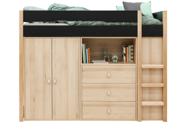 Cama alta 90x200 con armarios Lucas Negro Mate/Natural