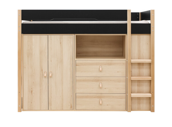 Cama alta 90x200 con armarios Lucas Negro Mate/Natural