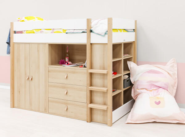 High sleeper 90x200 with storage cabinets Lucas White/Natural