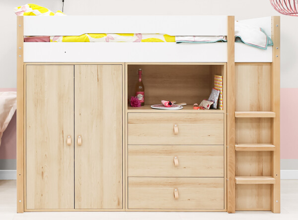 High sleeper 90x200 with storage cabinets Lucas White/Natural