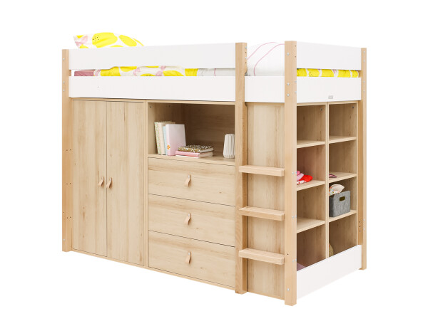 High sleeper 90x200 with storage cabinets Lucas White/Natural