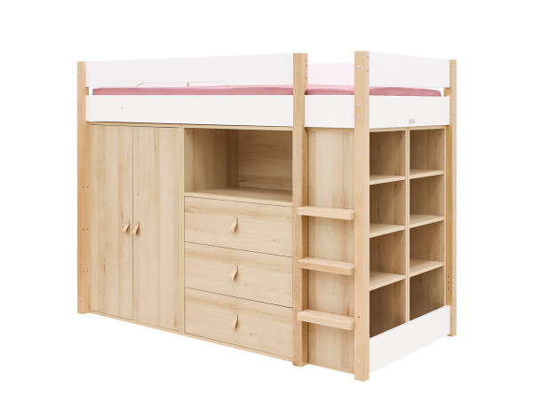 High sleeper 90x200 with storage cabinets Lucas White/Natural