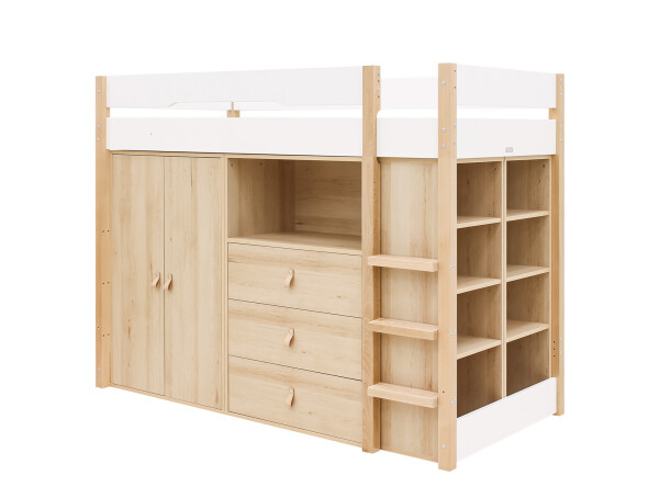 High sleeper 90x200 with storage cabinets Lucas White/Natural