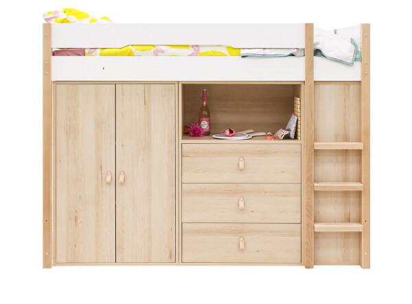 High sleeper 90x200 with storage cabinets Lucas White/Natural