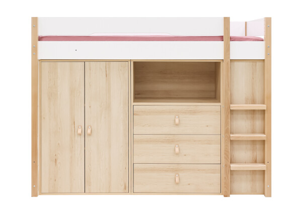 High sleeper 90x200 with storage cabinets Lucas White/Natural