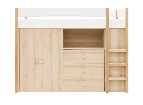 High sleeper 90x200 with storage cabinets Lucas White/Natural