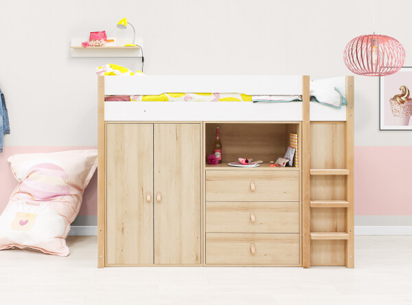High sleeper 90x200 with storage cabinets Lucas White/Natural