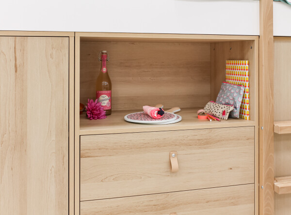 High sleeper 90x200 with storage cabinets Lucas White/Natural